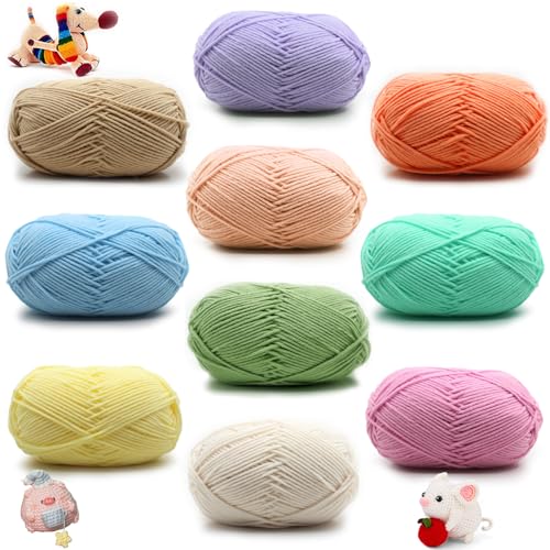 Wolle zum Häkeln, 10 Stück x 50g Handstrickgarn Baumwollgarn, Häkelgarn, Chunky Häkelgarn für Anfänger, Enthält Milchbaumwollgarn, für Anfänger, Pflegeleichtes, 10 Farben von SVUPUE