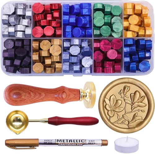 SWANGSA 3D-Magnolien-Wachssiegel-Stempel-Set mit 200 Siegelwachsperlen, ideal für die Verzierung von Hochzeitseinladungen, Weinpaketen, Geschenkpapier von SWANGSA