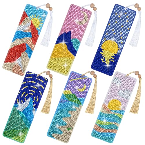 SWATOM 6 Stück Leder Diamant Malerei Lesezeichen Sonne & Mond Natur Diamant Kunst Lesezeichen mit DIY Malerei Kits Quasten & Holzperlen Anhänger Strass Lesezeichen von SWATOM