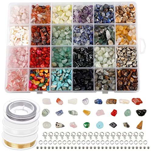 SWAWIS 24 Farben Edelsteine mit Loch, 4-8mm Steinperlen Unregelmäßige Gemstone Chips Beads, Edelsteinperlen Basteln Schmuck Bastelset mit Distanzperlen Bhrhaken Biegeringe Kristalllinie von SWAWIS