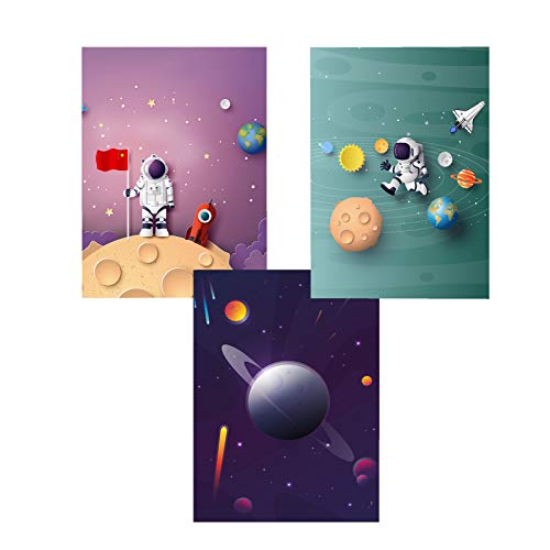 SWECOMZE 3er-Set DINA4 Poster für Kinderzimmer ohne Bilderrahmen,Astronauten, Planeten, Rakete, Weltall Kinderposter, Babyzimmer Bilder, Baby Bilder, Dekoration Kinderzimmer (B) von SWECOMZE