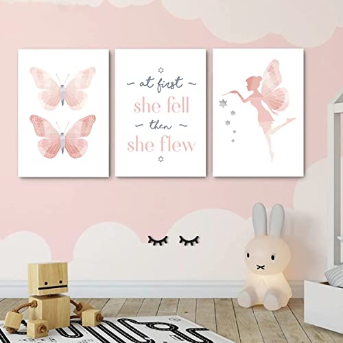 SWECOMZE 3er Set Poster Kinderzimmer, Rosa Schmetterling Bilder Ohne Rahmen, Kinderposter, Bilder Babyzimmer, Wandbilder Deko Für Mädchen (21 x 30cm) von SWECOMZE