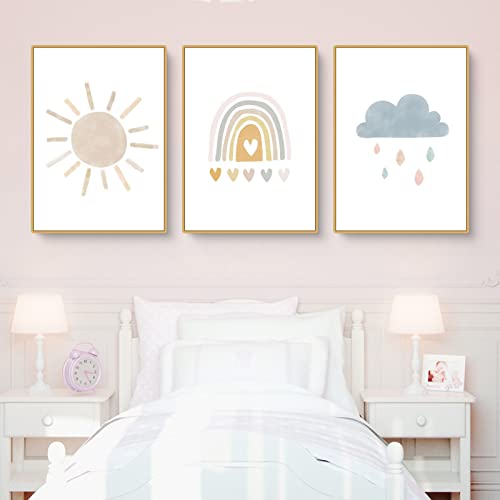 SWECOMZE Poster Kinderzimmer Bilder Deko Babyzimmer 3er Set Regenbogen Wolken Bilder Kinderzimmer Für Kinder Ohne Rahmen (B,21x30cm(A4)) von SWECOMZE