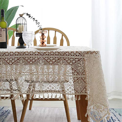 SWECOMZE Spitze Tischdecke Handarbeit Aushöhlen Rechteck Tischdecke 100% Baumwolle Vintage Spitzeauflage Boho Hochzeit Tisch Dekor (A,140 * 160cm) von SWECOMZE