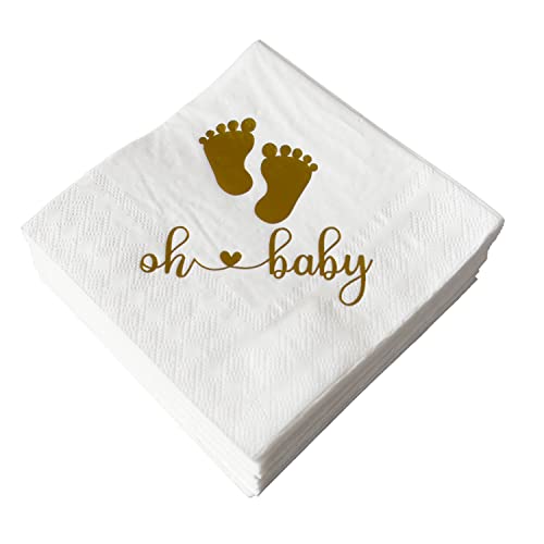 SWEETTALA Oh Baby Servietten 50 Stück - Neutrales Design für Jungen & Mädchen - Goldfolie - 3-lagig - Cocktail-Servietten - White - Papier von SWEETTALA