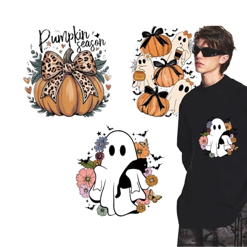 Halloween-Aufnäher zum Aufbügeln, Kürbisschleife, 3 Bögen, Herbstblumen-Wärmetransfer-Vinyl-Designs, niedlicher Geist, Aufkleber zum Aufbügeln für Hut, Damen und Herren, T-Shirt, Kissen, Segeltuch Halloween-Aufnäher zum Aufbügeln, Kürbisschleife, 3 Bögen, Herbstblumen-Wärmetransfer-Vinyl-Designs, niedlicher Geist, Aufkleber zum Aufbügeln für Hut, Damen und Herren, T-Shirt, Kissen, Segeltuch von SWEKKE