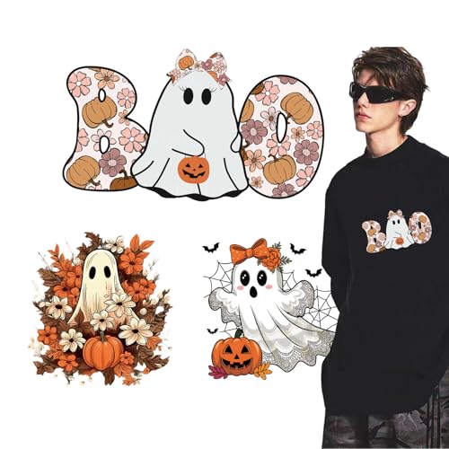 Halloween-Aufnäher zum Aufbügeln, Kürbisschleife, 3 Bögen, Herbstblumen-Wärmetransfer-Vinyl-Designs, niedlicher Geist mit Blume, Aufkleber für Hut, Damen und Herren, T-Shirt, Kissen, Leinwand, Tasche Halloween-Aufnäher zum Aufbügeln, Kürbisschleife, 3 Bögen, Herbstblumen-Wärmetransfer-Vinyl-Designs, niedlicher Geist mit Blume, Aufkleber für Hut, Damen und Herren, T-Shirt, Kissen, Leinwand, Tasche von SWEKKE