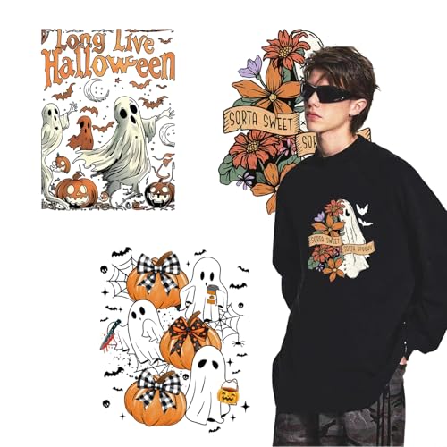 Halloween Bügelbilder Kürbis Schleife Bügelbilder Herbst Floral Heat Transfer Vinyl Designs 3 Bögen Niedlicher Geist mit Blume Bügelaufkleber für Hut Damen & Herren T-Shirt Kissen Leinwand Tasche DIY von SWEKKE