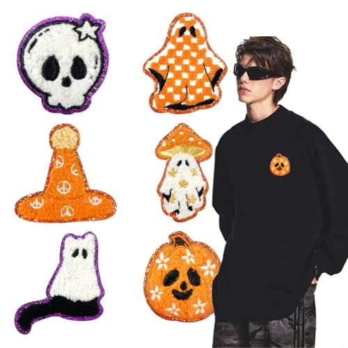 Halloween-Geister-Aufnäher zum Aufbügeln, 6 Stück, Kürbis-Chenille-Stickerei, Stickerei, Aufkleber, Katze, Totenkopf, karierte Applikation für DIY, Handwerk, T-Shirt, Kleidung, Jacken, Rucksäcke Halloween-Geister-Aufnäher zum Aufbügeln, 6 Stück, Kürbis-Chenille-Stickerei, Stickerei, Aufkleber, Katze, Totenkopf, karierte Applikation für DIY, Handwerk, T-Shirt, Kleidung, Jacken, Rucksäcke von SWEKKE