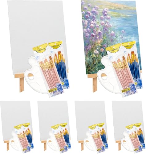 6 Stück Leinwandtafeln zum Malen 20,3 x 25,4 cm, Leinwand mit Staffelei,Tischstaffelei Holz Kunst-Leinwand-Malset mit 120 Pinseln und 6 Farbtabletts für Kinder, Jugendliche, Acryl, Ausgießen von SWHCM