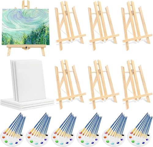 6 Stück Leinwandtafeln zum Malen 20,3 x 25,4 cm, Leinwand mit Staffelei,Tischstaffelei Holz Kunst-Leinwand-Malset mit 60 Pinseln und 6 Farbtabletts für Kinder, Jugendliche, Acryl, Ausgießen von SWHCM