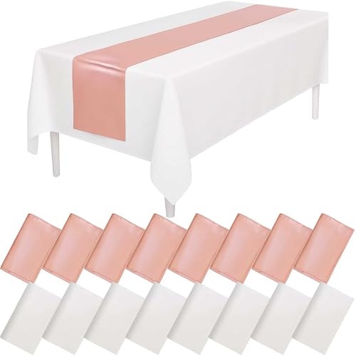 8 Stück Tischdecke (weiß) und 8 Stück Satin-Tischläufern (Roségold) für Hochzeiten, Geburtstage, Babypartys, Jubiläen, Weihnachten, Neujahrspartys von SWHCM