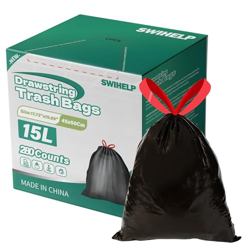SWIHELP 280 Stück Müllbeutel mit Zugband, 15 Liter Müllsäcke mit Zugband - Extra Stark & Reißfest - Küche, Wohnzimmer, Badezimmer, Büro, Abfallbeutel für Mülleimer SWIHELP 280 Stück Müllbeutel mit Zugband, 15 Liter Müllsäcke mit Zugband - Extra Stark & Reißfest - Küche, Wohnzimmer, Badezimmer, Büro, Abfallbeutel für Mülleimer von SWIHELP