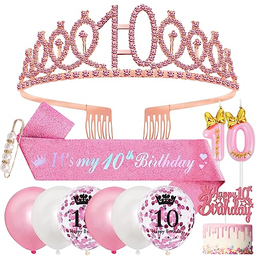 10. Geburtstag Mädchen 10 Jahre Geburtstagsdeko, 10. Geburtstagskrone und Birthday Schärpe,Rosa Diamant Krone Geburtstag Crown 10 Geburtstag Schärpe,Luftballons 10 Jahre,Kerze 10 Geburtstag Mädchen von SWPEED