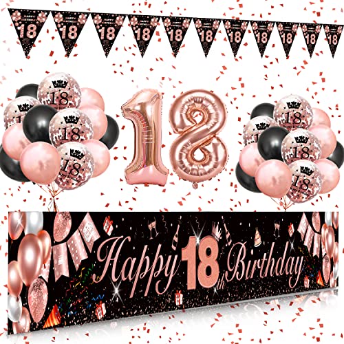 18. Geburtstag Dekoration Mädchen, SWPEED Extra Lange Happy Birthday Banner Girlande Wimpel (9*1.21 Füße), 18 Geburtstag Deko Banner Hintergrund und Schwarz Rosegold Luftballons Konfetti Luftballons von SWPEED