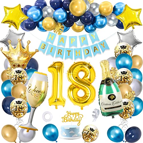 18. Geburtstag Junge, SWPEED Deko 18. Geburtstag Kit mit Happy Birthday Banner Cake Topper, 18. Geburtstag Luftballon Navy Blau Gold Silber luftballons, Gold Konfetti luftballons von SWPEED