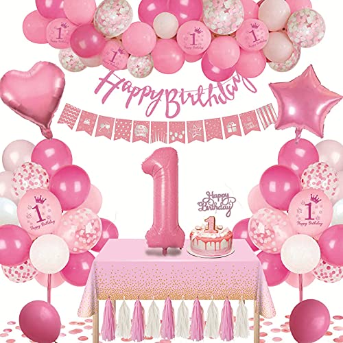 1st Geburtstagsdeko Rosa Geburtstag Luftballons Happy Birthday Banner mit Großem Ballon 1. und Rosa Weißen Konfetti Luftballons und Tischdecke für Kindergeburtstag Mädchen Tochter Babyparty Party Deko von SWPEED