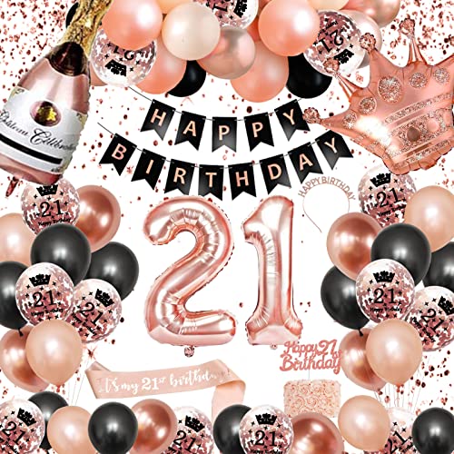 21. Geburtstag Dekorationen Mädchen, SWPEED Rosegold Schwarz Deko Set 21st Ballons Happy Birthday Banner Girlande Konfetti luftballon Frauen Mädchen Geburtstag Deko 21 Geburtstag Party Deko Supplies von SWPEED