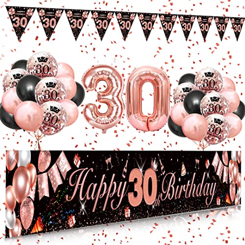 30 Geburtstag Dekoration Frauen, SWPEED Extra Lange Happy Birthday Banner Girlande Wimpel (9*1.21 Füße), 30. Geburtstag Deko Banner Hintergrund und Schwarz Rosegold Luftballons Konfetti Luftballons von SWPEED