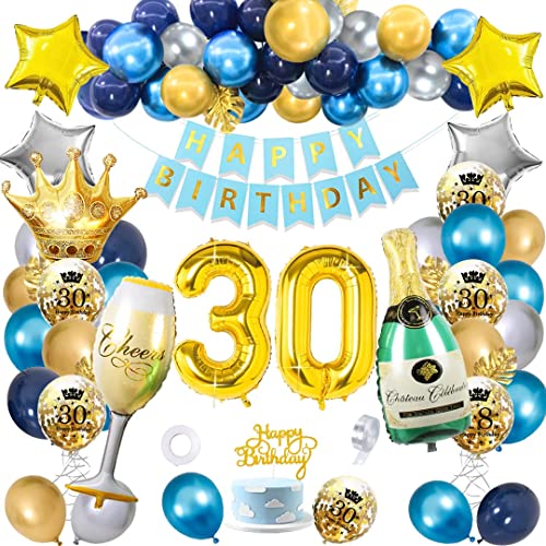 30 Geburtstag Männer, SWPEED Blau Gold 30 Geburtstag Deko Mann, 30. Geburtstag Deko Kit mit Happy Birthday Banner Cake Topper, Navy Blau Gold Silber luftballons, Gold Konfetti luftballons von SWPEED