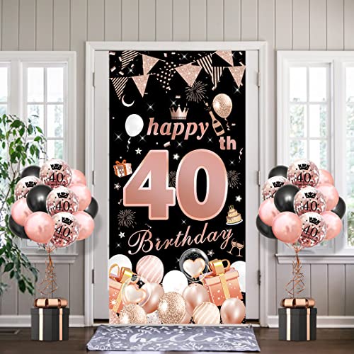 40 Geburtstag Dekoration Frauen, SWPEED Rosegold Schwarz 40. Geburtstagsdeko Happy Birthday Banner Hintergrund und Schwarz Rosegold Luftballon Konfetti Luftballons 190×95cm (74,8×35,4 Zoll) von SWPEED