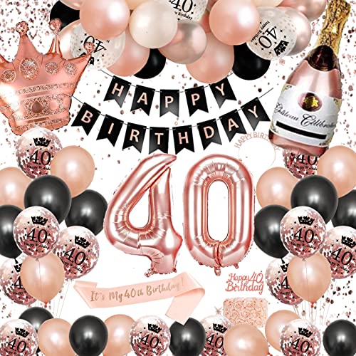 40. Geburtstag Dekorationen Frauen, SWPEED Rosegold Schwarz Deko Set 40th Ballons Happy Birthday Banner Girlande Konfetti luftballon Mädchen Frauen Geburtstag Deko 40 Geburtstag Party Deko Supplies von SWPEED