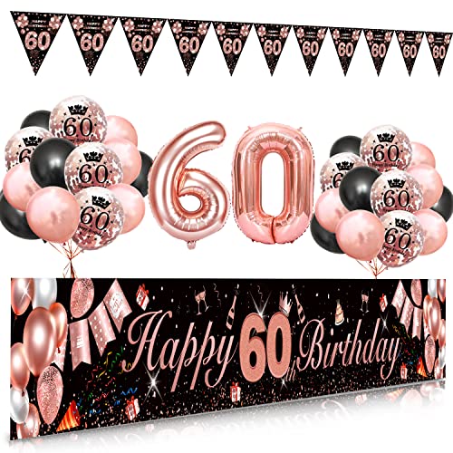 60 Geburtstag Dekoration Frau, SWPEED Extra Lange Happy Birthday Banner Girlande Wimpel (9*1.21 Füße), 60. Geburtstag Deko Banner Hintergrund und Schwarz Rosegold Luftballons Konfetti Luftballons von SWPEED