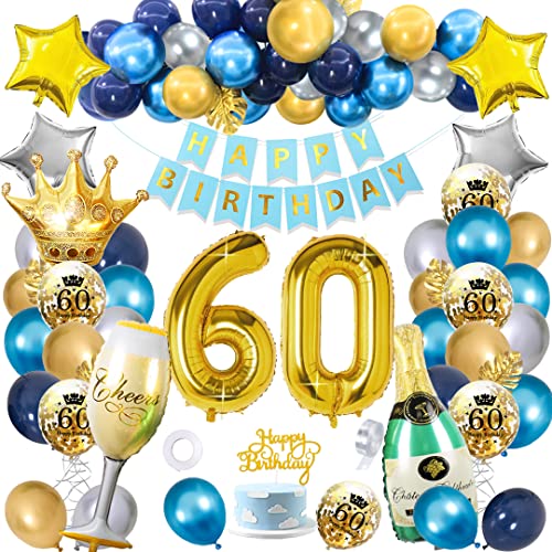 60 Geburtstag Dekorationen für Männer, SWPEED Marineblau Gold 60 Geburtstag Party Dekorationen mit Happy Birthday Banner und Stern Folienballons, Blau Gold Silber Konfetti Luftballons, Zahl 60 von SWPEED