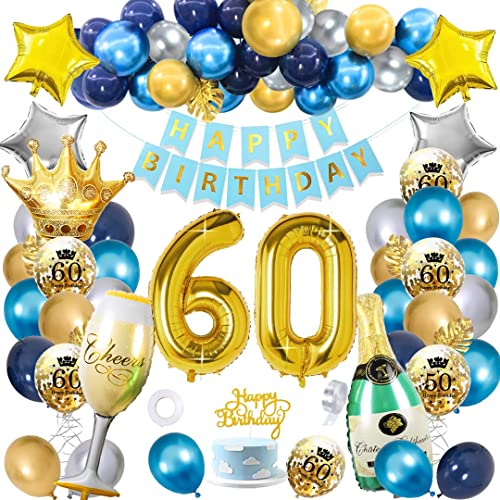 60 Geburtstag Mann Deko, SWPEED Blau Gold Deko 60 Geburtstag Mann, 60 Geburtstag Deko, 60. Geburtstag Geburtstagsdeko kits mit Navy Blau Silber Gold luftballons, Gold Konfetti luftballons von SWPEED