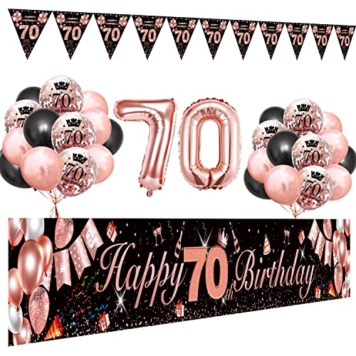 70. Geburtstag Dekoration Frau, SWPEED Extra Lange Happy Birthday Banner Girlande Wimpel (9*1.21 Füße), 70 Geburtstag Deko Banner Hintergrund und Schwarz Rosegold Luftballons Konfetti Luftballons von SWPEED