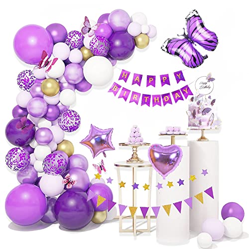 Geburtstagsdeko, Lila Schmetterling Geburtstagsdeko Mädchen Happy Birthday Banner Party Geburtstagsdeko Luftballons ​mit Schmetterling Cake Topper für Dame Mädchen Geburtstags Festival Dekoration von SWPEED