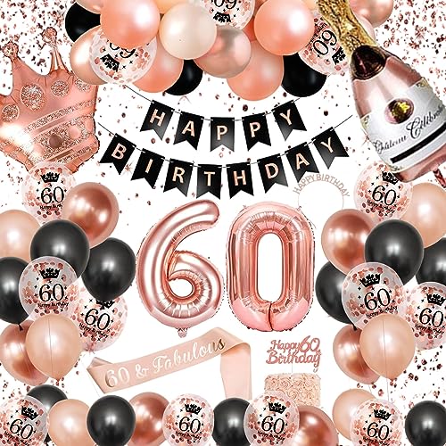 60. Geburtstag Dekorationen Frauen, SWPEED Rosegold Schwarz Deko Set 60th Ballons Happy Birthday Banner Girlande Konfetti luftballon Mädchen 60 Party Supplies, (DM2-meiguihei) von SWPEED