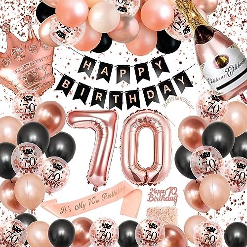 70. Geburtstag Dekorationen Frauen, SWPEED Rosegold Schwarz Deko Set 70th Ballons Happy Birthday Banner Girlande Konfetti luftballon Mädchen 70 Party Supplies, (DM2-meiguihei) von SWPEED