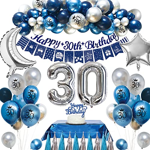 30 Geburtstag Männer,30 Geburtstag Deko,Deko 30 Geburtstag Mann,Blau Silber Geburtstagsdeko 30 Metallic Luftballons 30. Happy Birthday Banner, Folienballon 30.für Männer Men 30er Party Dekoration von SWPEED