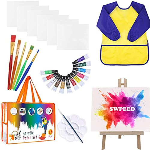 SWPEED Kinder Malset 27-teilig: Pinsel Set mit 6 Malleinwänden, 5 Pinseln, Staffelei, Palette, 12 wasserfeste Farben, Kinderschürze und Tasche - für Kleinkinder, unisex, faltbar: Nein von SWPEED