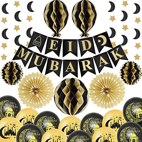 Ramadan Deko Eid Mubarak Dekoration, Umrah Mubarak Deko Schwarze Goldene Ramadan Dekoration,Eid Mubarak Banner,Mond Sterne Girlande,Ramadan Mubarak Luftballons,für Muslim Ramazan Islamische Deko von SWPEED