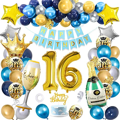 SWPEED 16 Geburtstag Dekoration Junge, Blau Gold 16. Geburtstag Junge Deko, 16. Geburtstag kits mit Navy Blau Silber Gold luftballons, Gold Konfetti luftballons Happy Birthday Banner von SWPEED