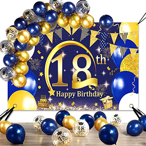 SWPEED 18. Geburtstag Junge Deko Banner, Blau Gold Deko 18. Geburtstag Junge Banner Poster und Navy Blau Gold luftballons Konfetti Luftballons, 18 Geburtstag Banner Hintergrund (74,8×47,2 Zoll) von SWPEED