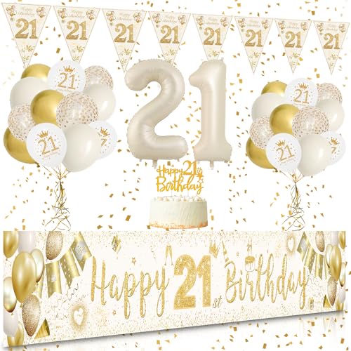 SWPEED - 21. geburtstag dekorationen für sie zum 21. geburtstag deko set mit Happy Birthday Banner Nummer 21 Happy Birthday Luftballons Weißgold Konfetti Luftballons Flagge von SWPEED