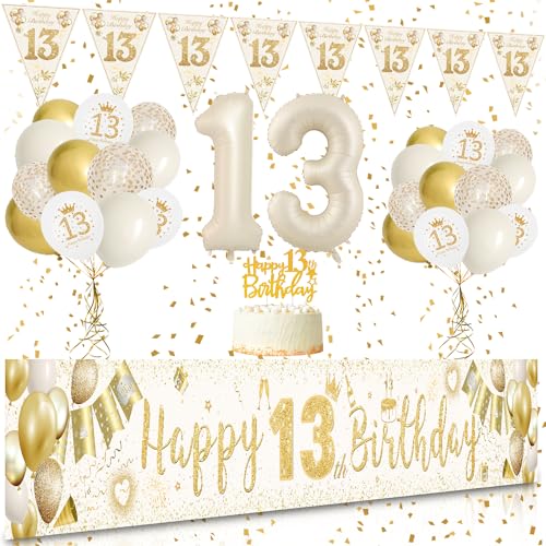 SWPEED - Geburtstagsdekorationen zum 13. Geburtstag für Mädchen und Jungen, 13. Geburtstag Dekoration Kit mit Happy Birthday Banner Nummer 13, Weißgold-Luftballons, Konfettiballons, Flagge von SWPEED