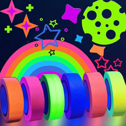SWRT Neon Gaffer-Tuch, Schwarzlicht-UV-Klebeband für Partyzubehör, 6 Rollen, leuchtet im Dunkeln, mehrfarbig, fluoreszierendes UV-Klebeband für Party-Dekoration, Tanzfläche, Party-UV, 0,6 Pol SWRT Neon Gaffer-Tuch, Schwarzlicht-UV-Klebeband für Partyzubehör, 6 Rollen, leuchtet im Dunkeln, mehrfarbig, fluoreszierendes UV-Klebeband für Party-Dekoration, Tanzfläche, Party-UV, 0,6 Pol von SWRT