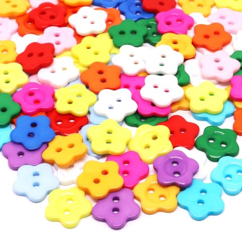 SWZHAI 100 Stück 1,6 cm große Blumenknöpfe zum Basteln, Kunstharz, bunte Knöpfe mit 2 Löchern, dekorative Knöpfe zum Nähen, Kleidung, Zubehör, Geschenk, DIY Handwerk (15 mm) von SWZHAI