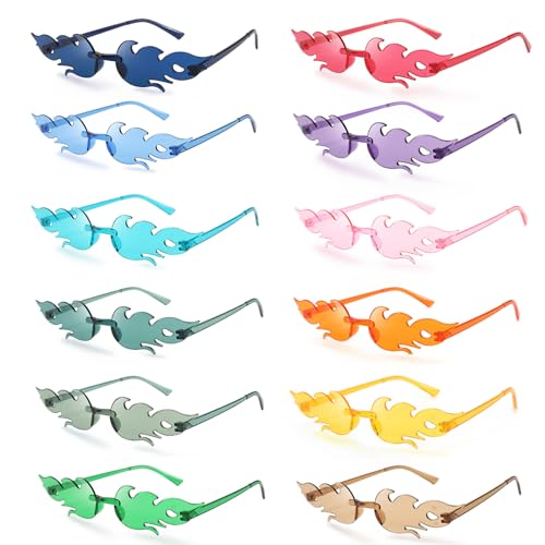 SXCCNW Partybrille, 12 Stück, Flammen-Sonnenbrille, Festival-Brille, Retro-Partybrille, flippige Brille, Hippie-Brille ohne Rand, für Männer und Frauen, Maskerade, Party-Dekoration, 13,7 x 3 cm, 12 von SXCCNW