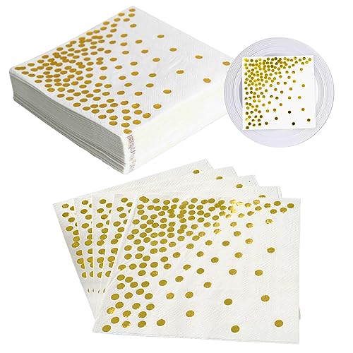 Servietten Gold Dots, 80 Stück 2 lagig Golden Foiled Papierservietten Paper Napkins, Weiße Serviette mit Goldenen Punkten für Deko Party,Geburtstag, Hochzeit und Feiertagsfeier 33 x 33 cm von SXCCNW
