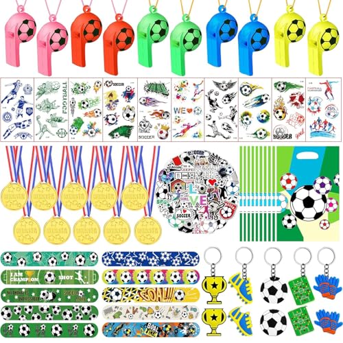 SXFENG 110 Stück Fußball Party Mitgebsel Kinder, Fußball Kindergeburtstag Set, Schlüsselanhänger, Temporäre Tattoos, Sticker, Fussball Give Aways Kindergeburtstag für Junge Mädchen (110pcs Fußball) von SXFENG