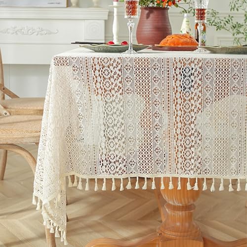 Esstischdecke, rechteckig, 150 x 100 cm, Küchentischdecke aus Polyester, für 2–4 Personen, bestickte Spitze mit Fransen, 152,4 x 101,6 cm (Breite x Länge) von SXGCH