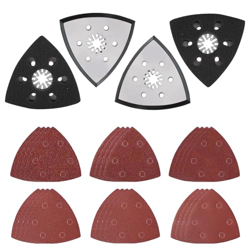 4 Stück 93 mm Dreieck-Schleifplatte, Fein-Schleifplatte, Multitool Schleifaufsatz, Multitool-Schleifteller mit 24 Dreieckschleifer-Schleifpapieren zum Schleifen und Polieren von SXKBYQ