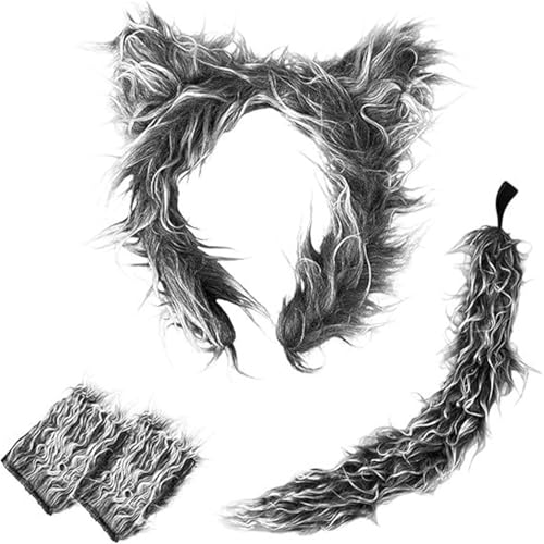 Elegantes Wolfskostüm-Zubehör für Kinder und Erwachsene, robustes Woll-Ohren- und Schwanz-Set für Geburtstagsparty, Halloween-Outfit von SXRQ
