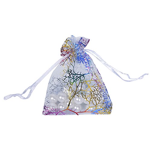 SXUUXB 100 PCS 13x18cm Korallen Muster Organza Geschenk Taschen, Organza Schmuck Beutel Wrap Drawstring Taschen für Hochzeit Weihnachten(Weiß) von SXUUXB