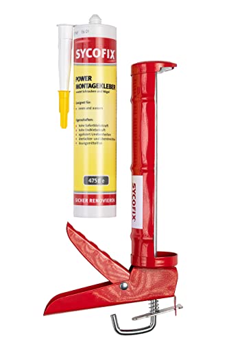 Power Montagekleber Extra Stark mit Kartuschenpresse 475 g für innen und aussen, anwendbar als Sockelleisten Kleber, Metallkleber, Steinkleber, zum Beton kleben, dauerelastisch, überstreichbar von SYCOFIX
